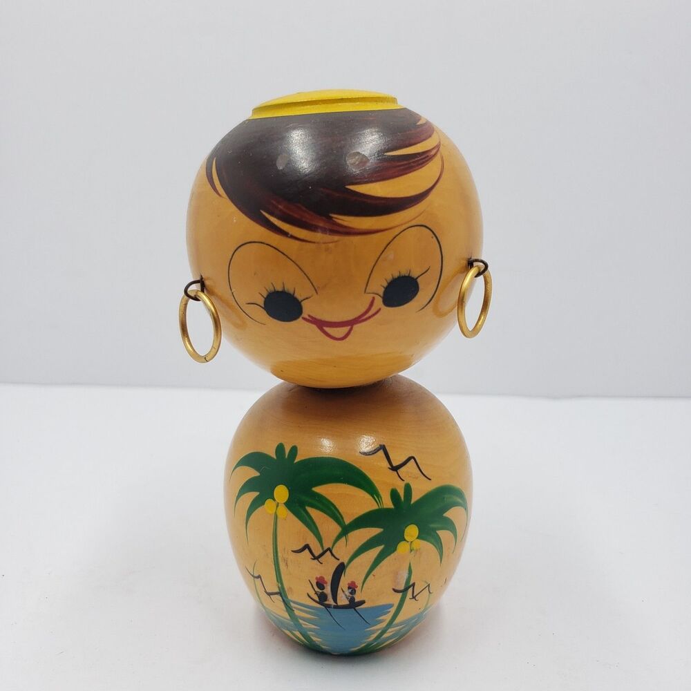 Vintage Korean Kokeshi Bobblehead Nodder Doll Wood Tropical Island Hand Painted